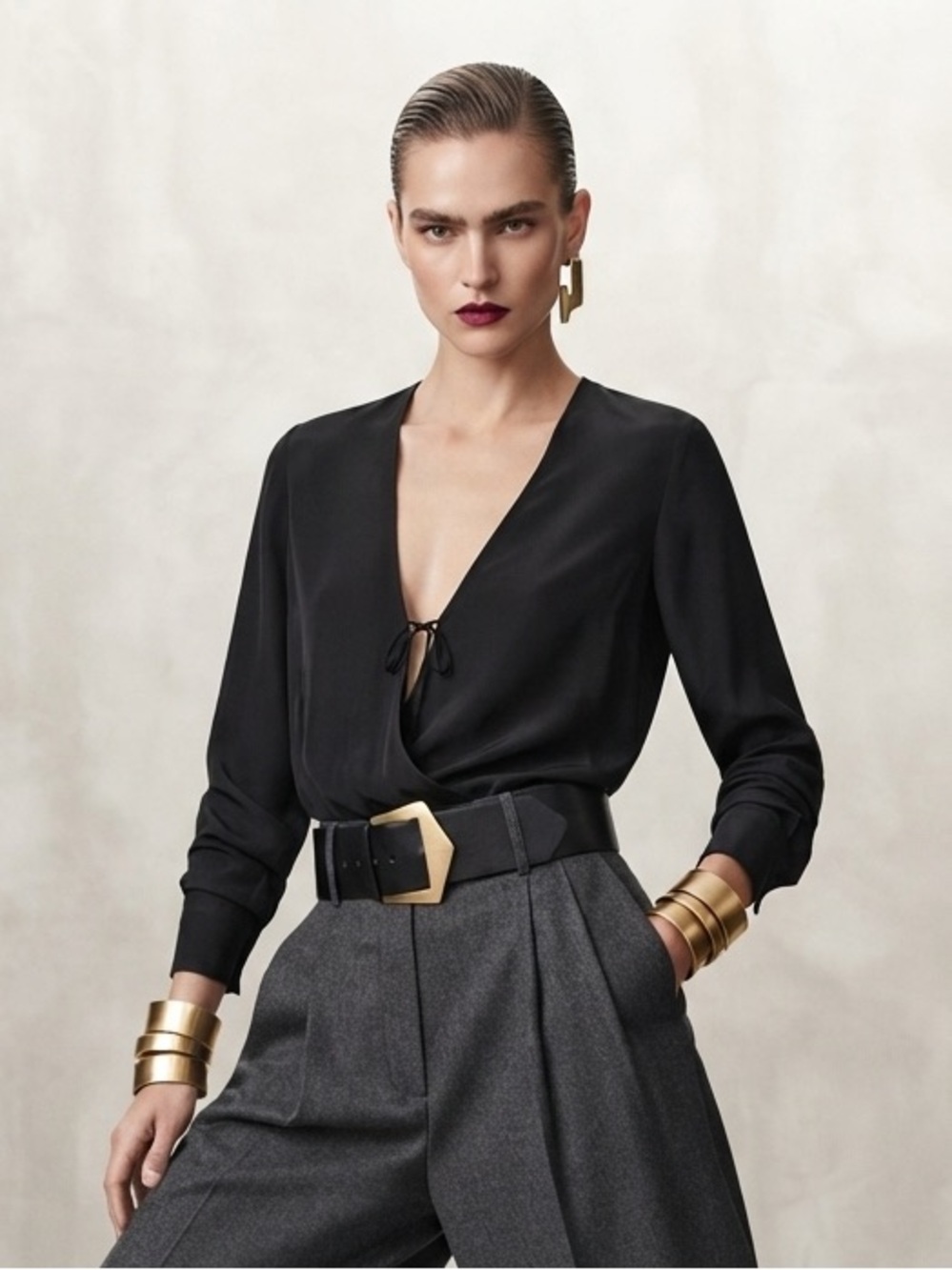 Halston Heritage Silk Blend Black Wrap Bodysuit-size 4